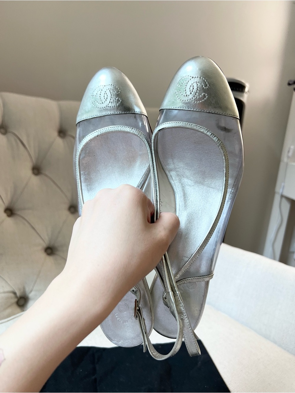 Chanel Silver Cap-Toe Slingback Ballet cat heel